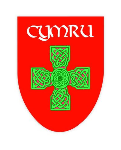 Cymru Red Celtic Cross Shield Sticker|Sticr Celtaidd Cymru