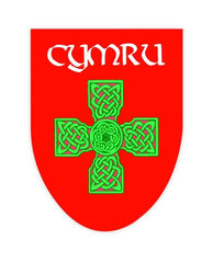 Cymru Red Celtic Cross Shield Sticker|Sticr Celtaidd Cymru