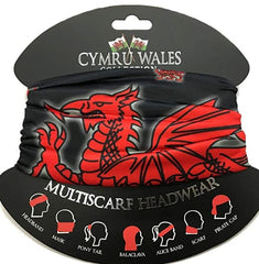 Wales Dragon Black Polyester Multiscarf | Sgarff Aml-Bwrpas Draig Goch