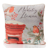 Welsh Robin and Postbox Christmas Cushion|Clustog Nadolig Llawen