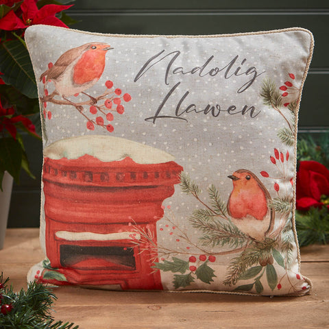 Welsh Robin and Postbox Christmas Cushion|Clustog Nadolig Llawen