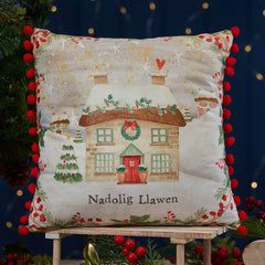 Welsh Christmas Cottage Cushion|Clustog Nadolig Llawen