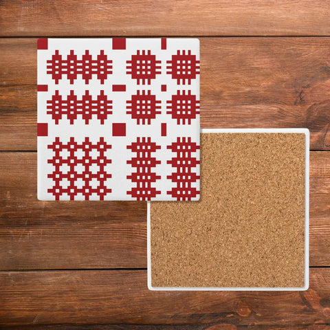 Red & White Tapestry Print Coaster|Mat Diod Coch & Gwyn