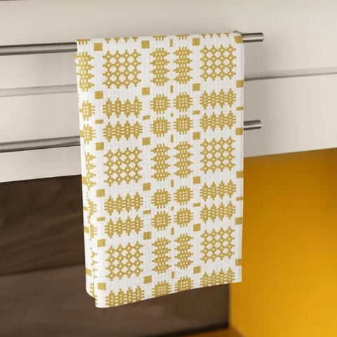 Mustard Waffle Tapestry Design Cotton Tea Towel|Llian Sychu Llestri Mwstard