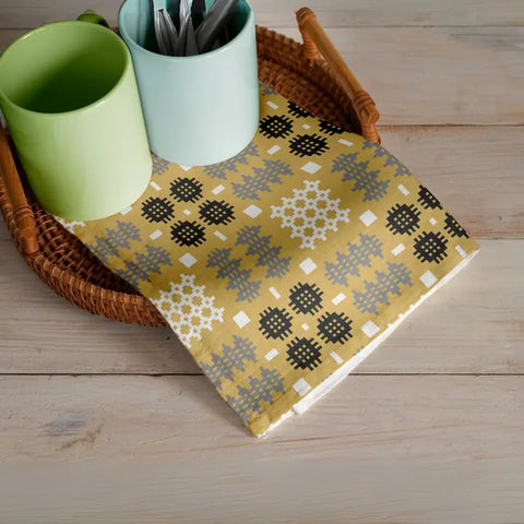 Mustard Welsh Tapestry Design Cotton Tea Towel|Llian Sychu Llestri Carthen (Mwstard)