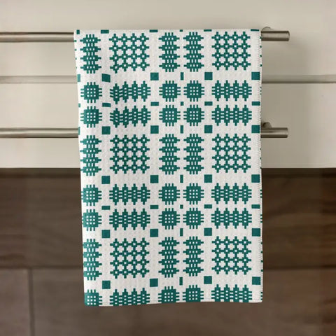 Teal Waffle Tapestry Design Cotton Tea Towel|Llian Sychu Llestri (Gwyrddlas)