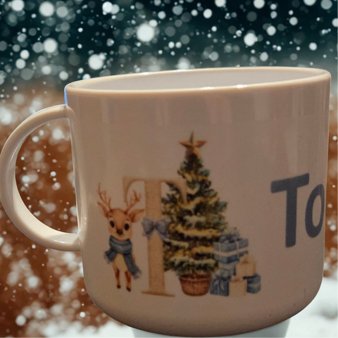 Small Personalised Mug (Blue Reindeer)|Mwg Bach Personol Nadolig (Carw Glas)
