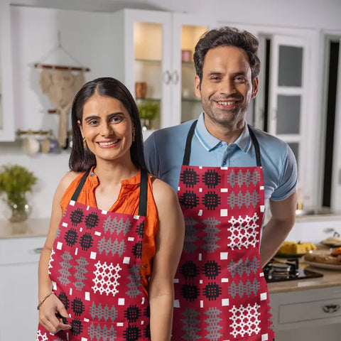 Welsh Tapestry Print Apron (Red) | Ffedog Patrwm Carthen (Coch))