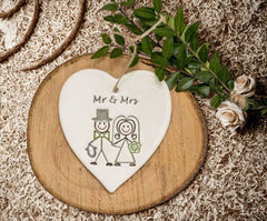 Mr & Mrs - Handmade Ceramic Heart| Addurn Calon Mr & Mrs