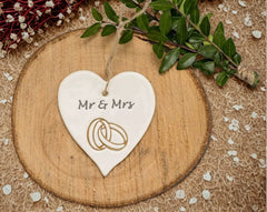 Mr & Mrs - Handmade Ceramic Heart| Addurn Calon Mr & Mrs