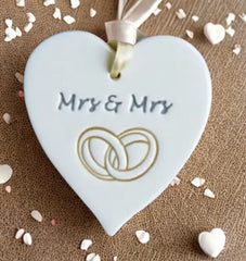 Mrs & Mrs - Handmade Ceramic Heart| Addurn Calon Mrs & Mrs
