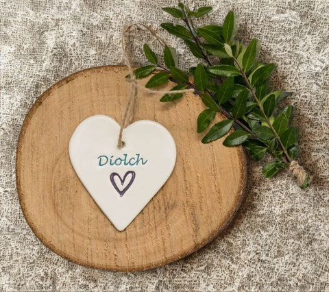 Diolch - Handmade Ceramic Heart| Addurn Calon Diolch