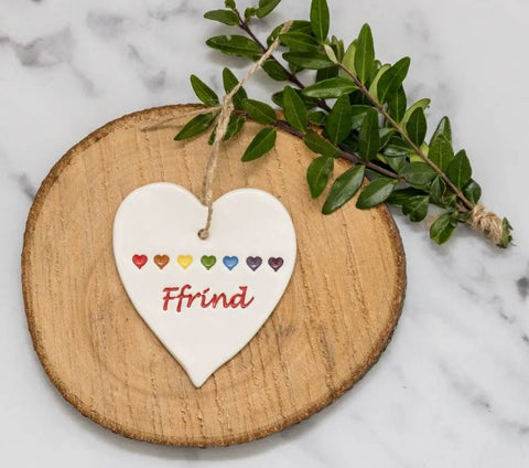 Ffrind - Handmade Ceramic Heart (colourful)| Addurn Calon Ffrind (lliwgar)