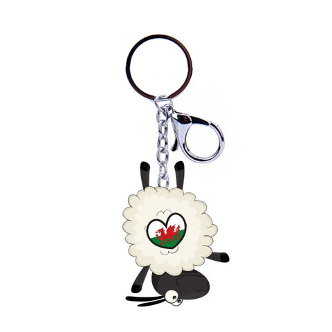 Welsh Heart Flag Acrylic Sheep Keyring|Cylch Allweddi Dafad Calon Baner Cymru