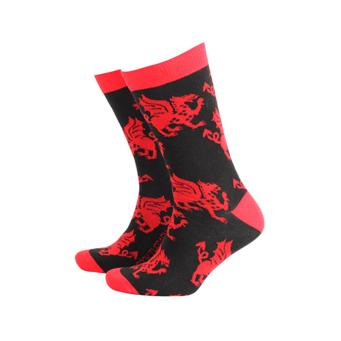 Men's Welsh Dragon Red/Black Socks|Sanau Draig Goch