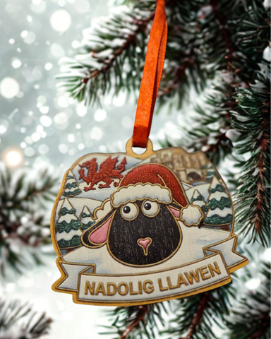 Nadolig Llawen Wooden Decoration (Sheep)|Addurn Pren Nadolig Llawen (Dafad)