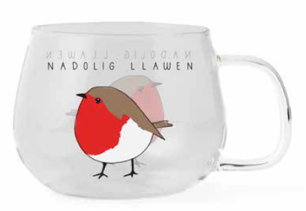 Nadolig Llawen Glass Mug (Plump Robin)|Mwg Gwydr Nadolig Llawen (Robin Goch)