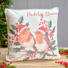Welsh Robin Christmas Cushion|Clustog Nadolig Llawen (Robin)