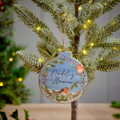 Welsh Robin Metal Bauble|Addurn Nadolig Llawen