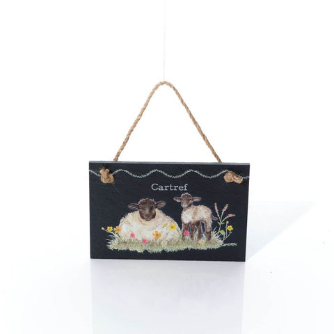 Sheep Family 'Cartref' Slate Hanger|Addurn Llechan Cartref