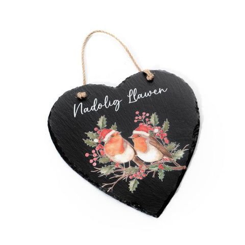 Nadolig Llawen Hanging Robin Heart|Calon Llechan Nadolig Llawen Robin Goch