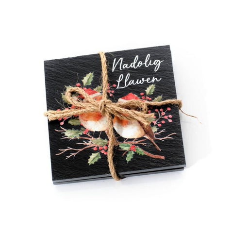 Nadolig Llawen 2pk Slate Coasters|Matiau Diod Llechen Nadolig Llawen