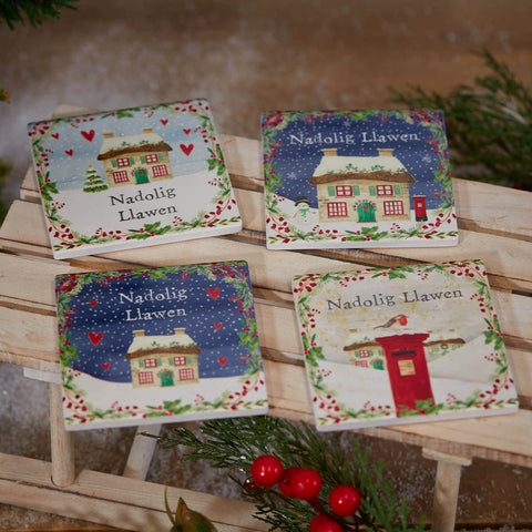 Welsh Christmas Cottage Coasters|Matiau Diod Nadolig Llawen