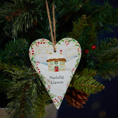 Nadolig Llawen Ceramic Cottage Heart Hanger|Nadolig Llawen