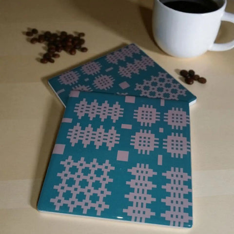 Teal & Grey Tapestry Print Coaster|Mat Diod Carthen