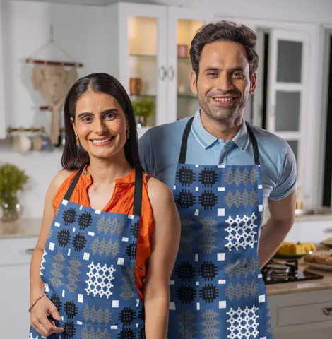 Welsh Tapestry Print Apron (Blue) | Ffedog Patrwm Carthen Glas