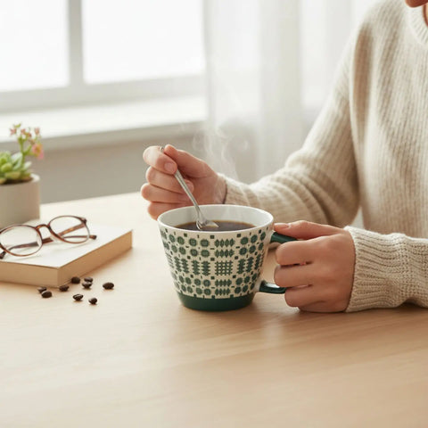 Teal Welsh Tapestry Design Ceramic Mug | Mwg Seramig Carthen