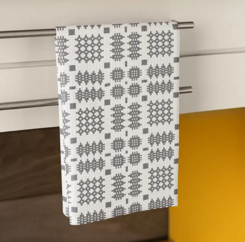 Grey Waffle Tapestry Design Cotton Tea Towel|Llian Sychu Llestri Llwyd a Gwyn