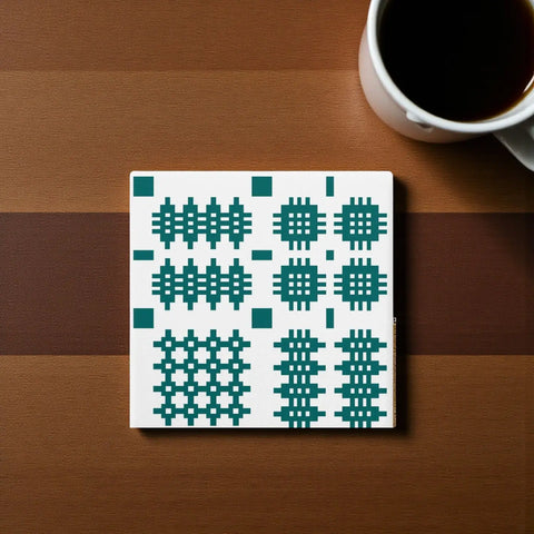 White & Teal Tapestry Print Coaster|Mat Diod Carthen
