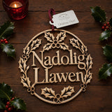 Nadolig Llawen Wooden Welsh Christmas Wreath|Nadolig Llawen Pren
