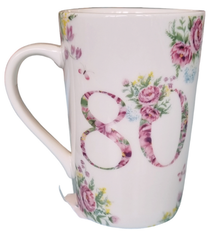 Floral 80th Birthday Mug|Mwg Penblwydd 80