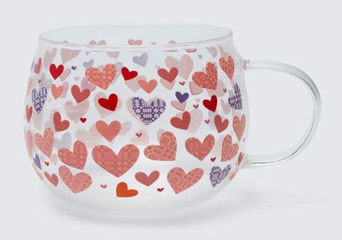 Tapestry Hearts Glass Mug|Mwg Gwydr Calonnau Carthen