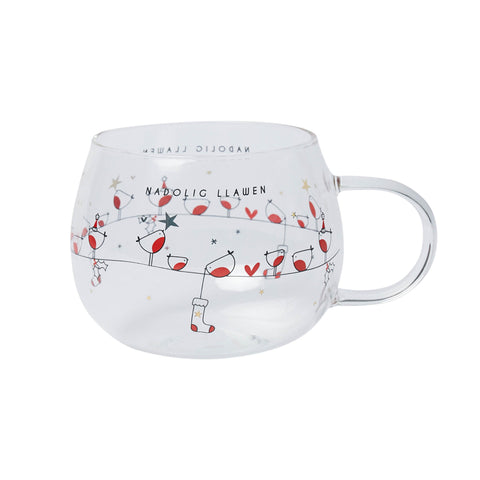Nadolig Llawen Glass Mug (Robin)|Mwg Gwydr Nadolig Llawen (Robin)