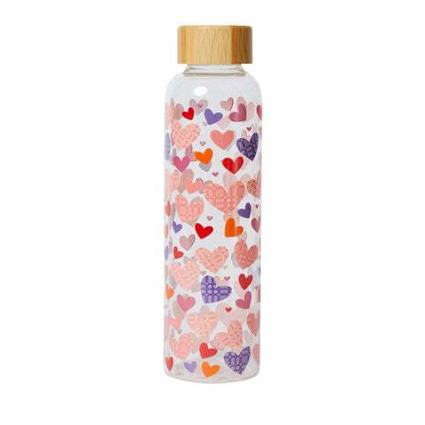 Glass Water Bottle (Tapestry Hearts)| Potel Ddŵr Gwydr (Calonnau Carthen)