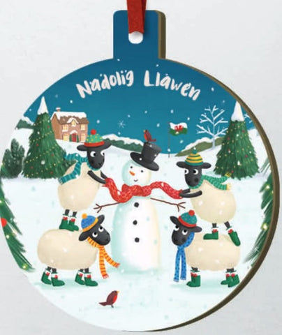 Wooden Christmas Bauble (Snowman)|Addurn Nadolig Llawen Pren (Dyn Eira)