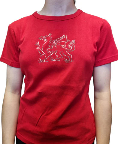 Ladies Diamonte Red Dragon Skinni T-shirt|Crys Draig Goch Merched