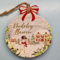 Nadolig Llawen Hanging Bauble (Snowman)|Addurn Seramig Nadolig Llawen (Dyn Eira)