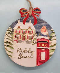 Nadolig Llawen Hanging Bauble (Post)|Addurn Seramig Nadolig Llawen (Post)