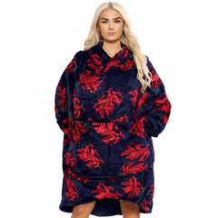 Oversized Navy Red Dragon Sherpa Fleece Hoodie|Hwdi Fawr Nefi Draig Goch