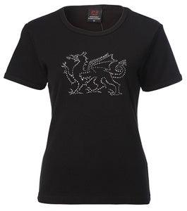 Girls Diamonte Black Dragon Skinni T-shirt|Crys Draig Du