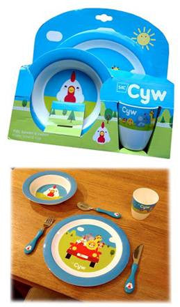 Cyw Plate, Bowl and Cup Set|Set Plat, Bowlen a Cwpan Cyw